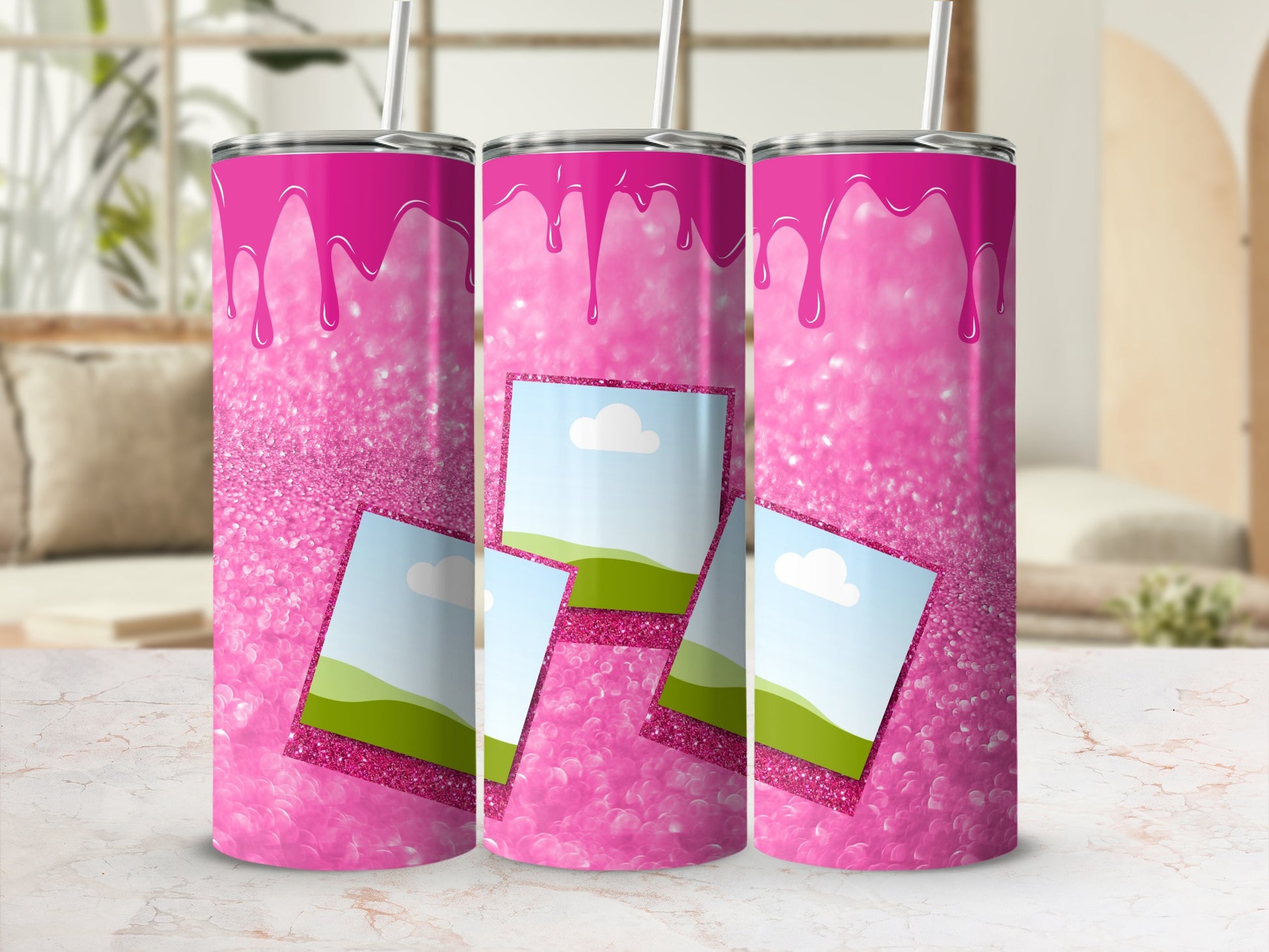 Three pink glitter tumblers with dripping paint design and photo collage placeholders.