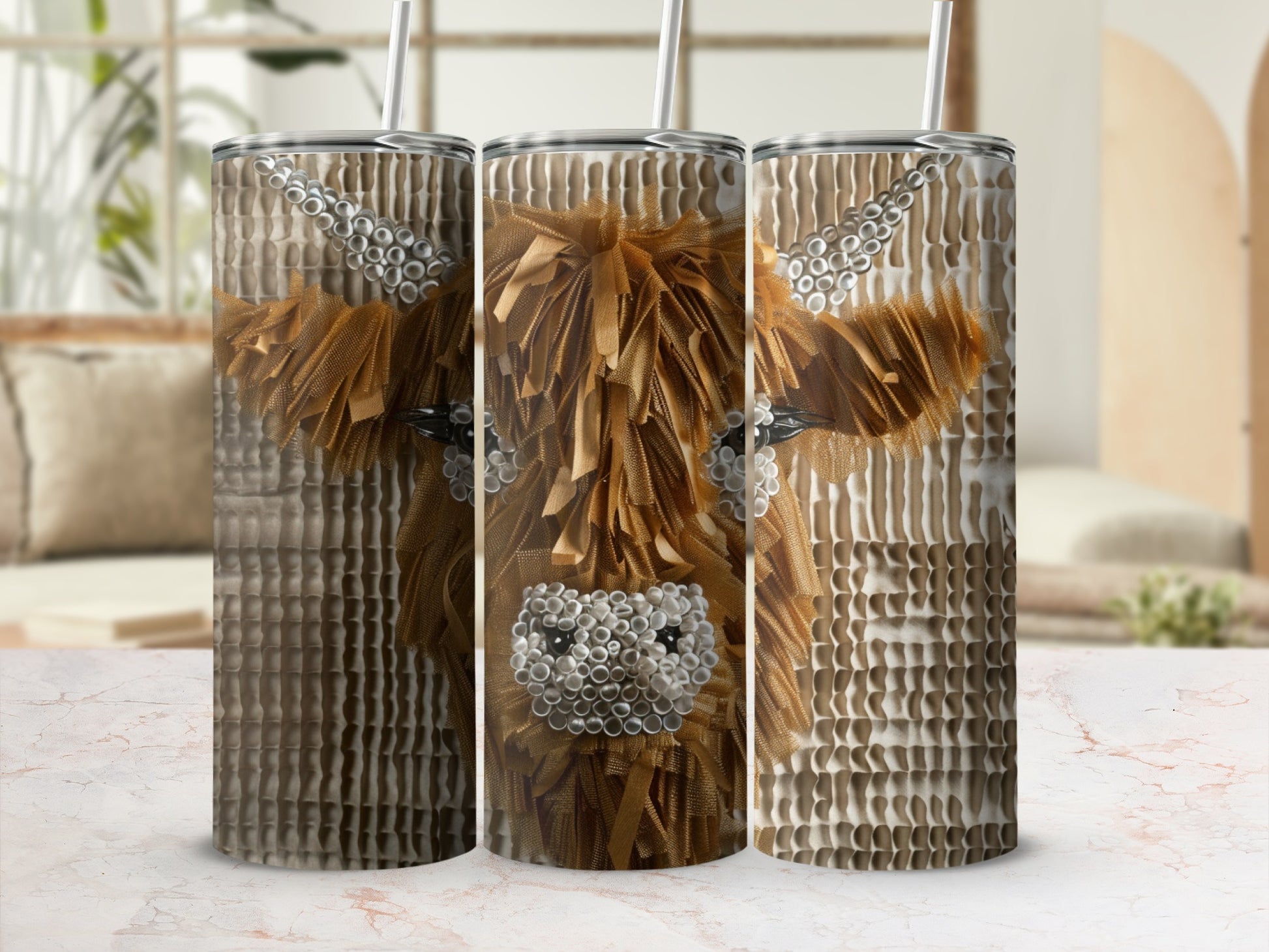Three tumblers with highland cow faces made of textured material.