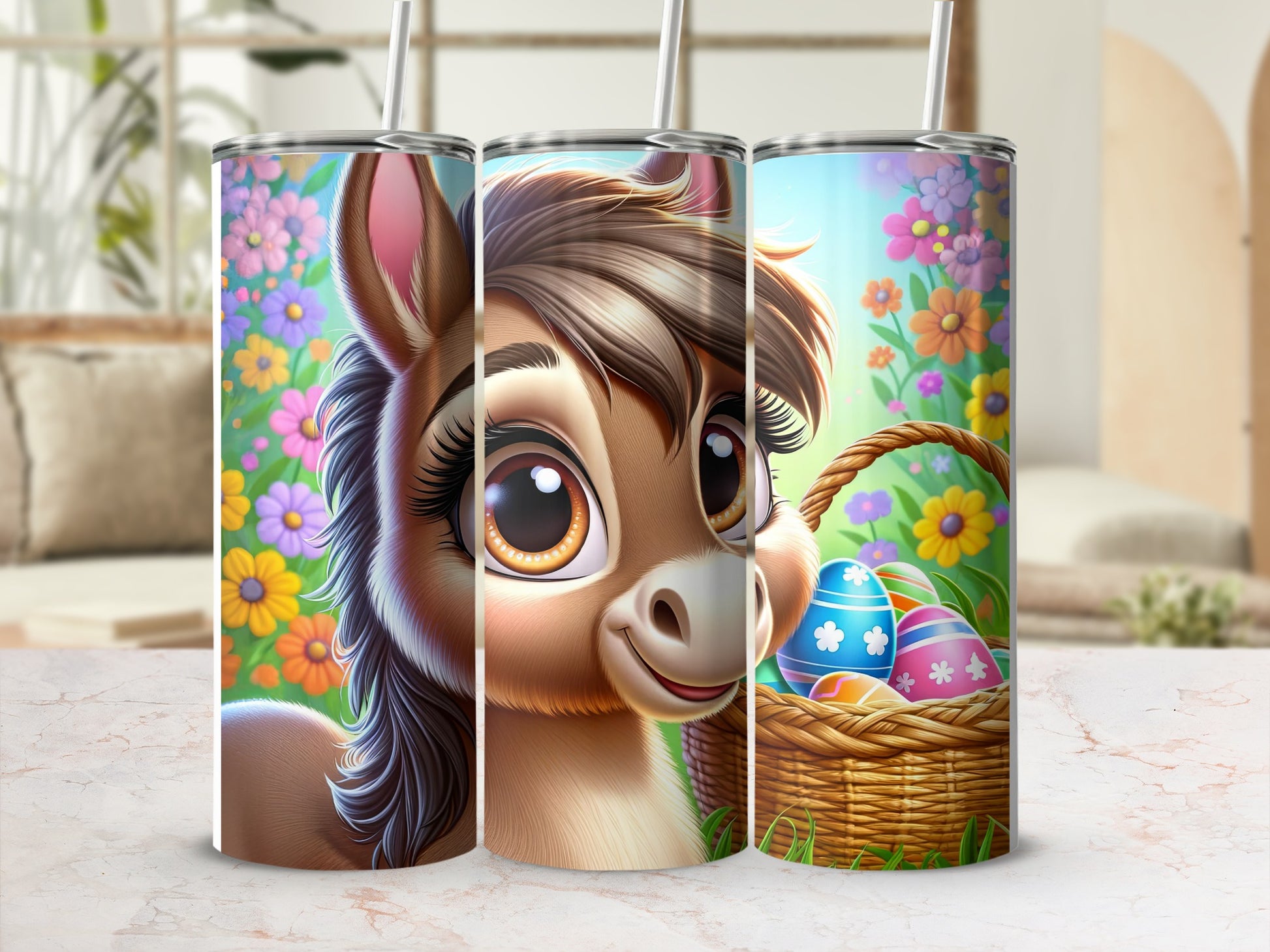 Donkey and Easter eggs on a tumbler.