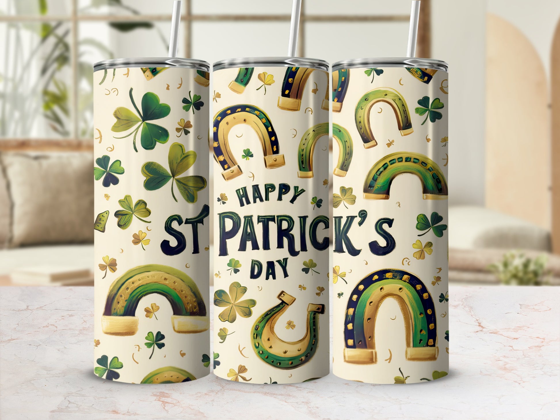 St. Patrick's Day tumbler with shamrocks, rainbows, and horseshoes.