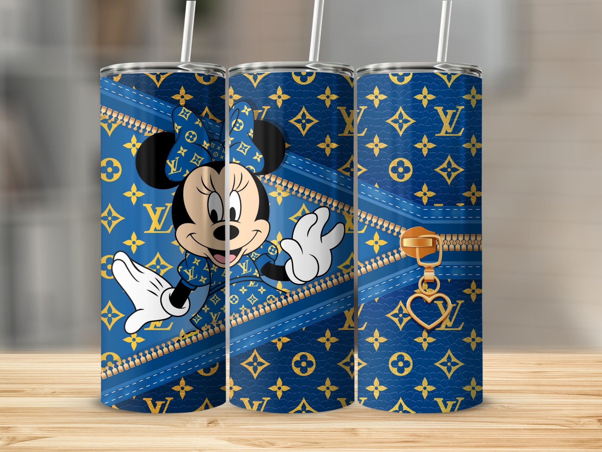 Minnie Mouse on blue Louis Vuitton pattern tumbler with gold zipper and heart charm.