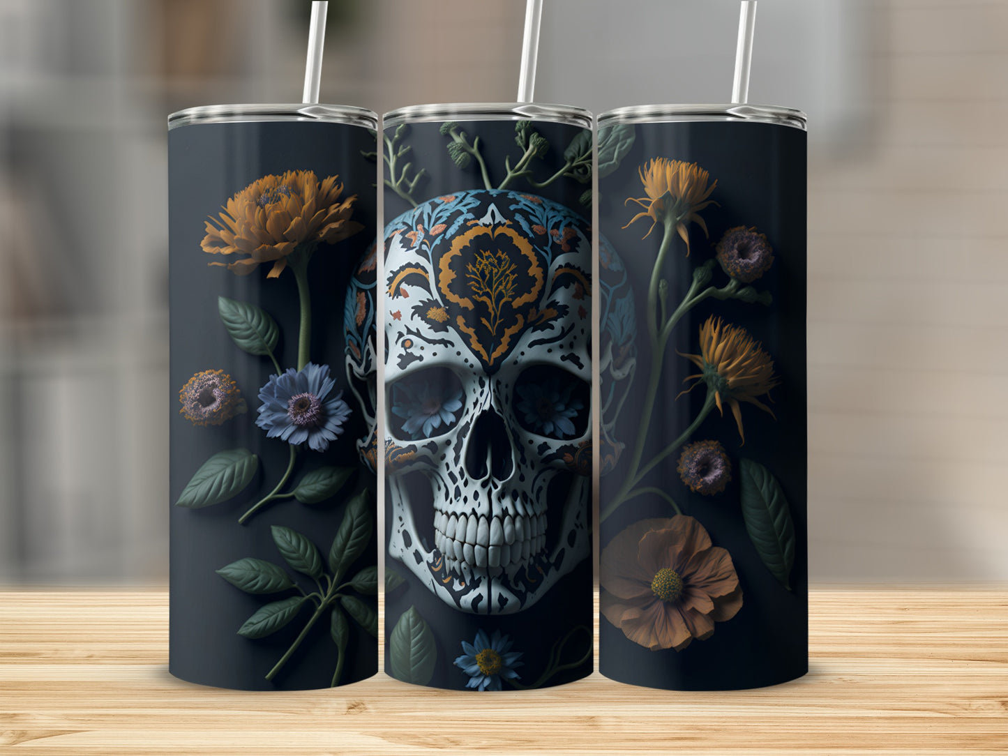 Beautifully Designed Floral Skull Tumbler for Hot or Cold Drinks