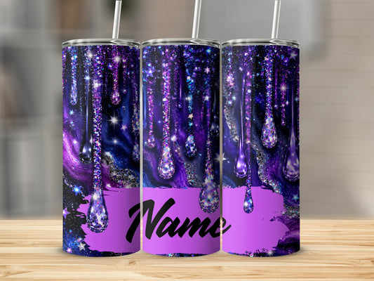 Three tumblers with dripping glitter and galaxy design, showing the word "Name".