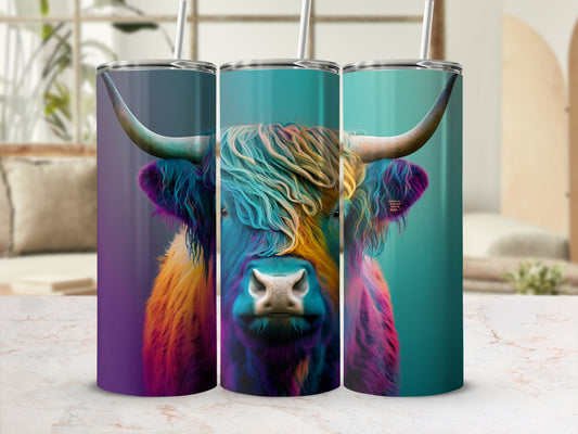 Colorful abstract Highland cow face design on three tumblers.