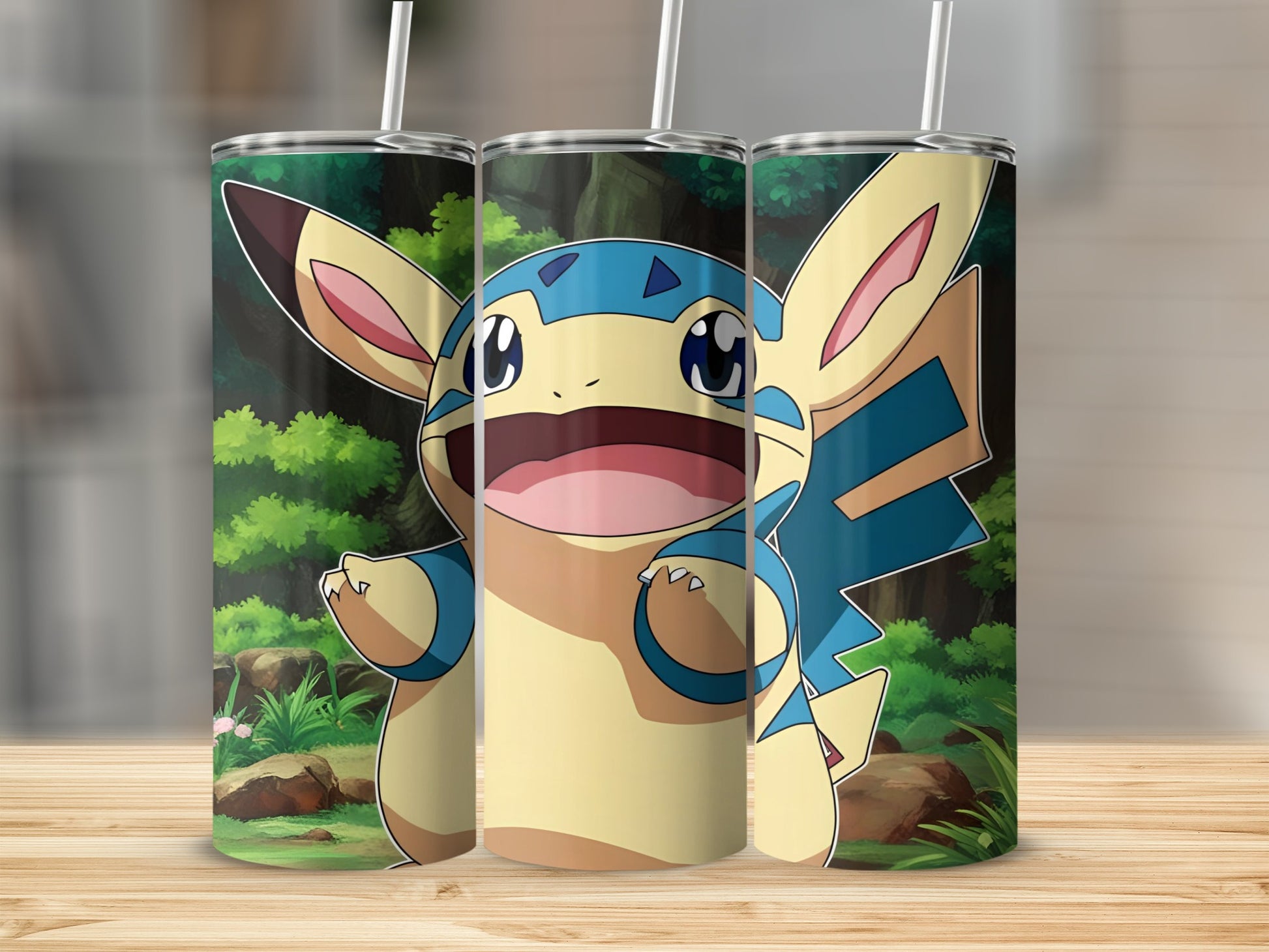 Pachirisu Pokemon character on a colorful tumbler with a forest background.