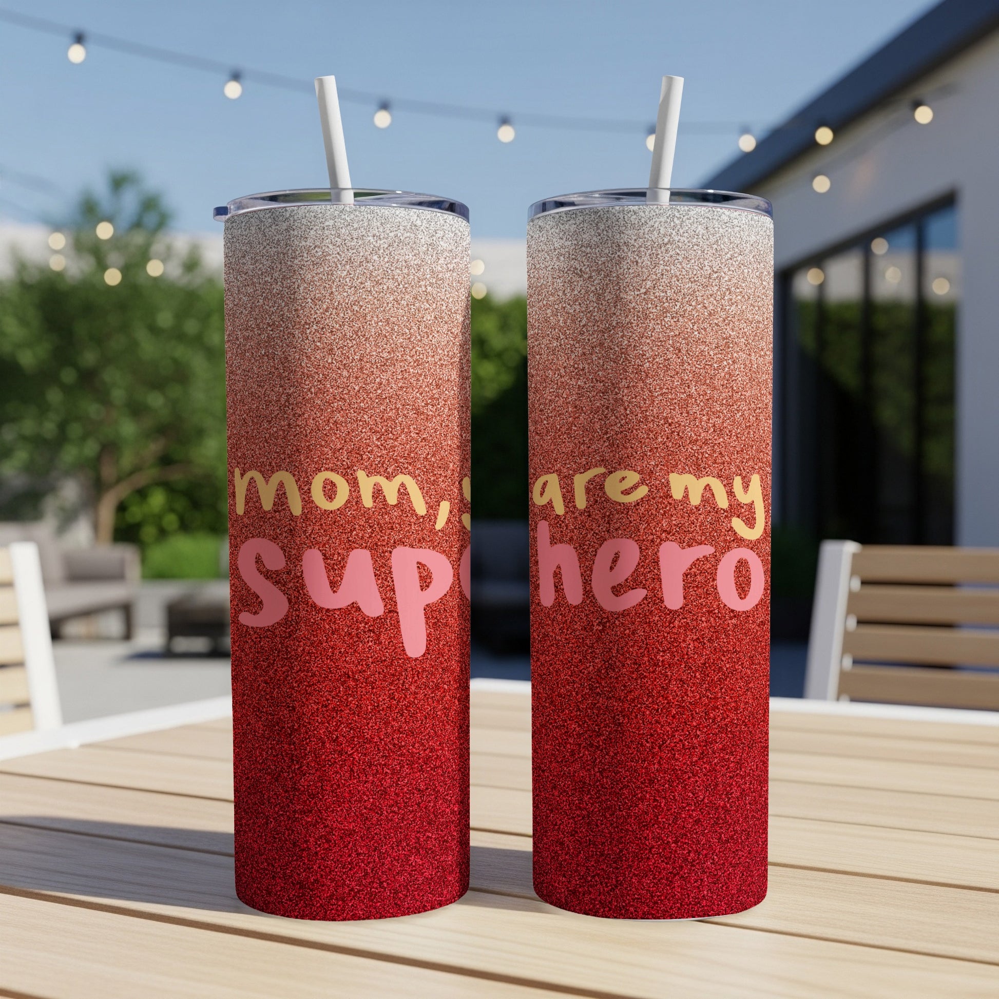 Two tumblers with ombre glitter design and "Mom, you are my superhero" text.