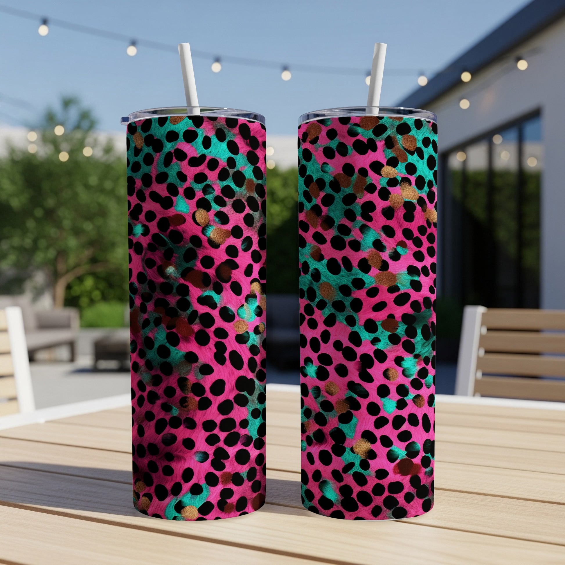 Two pink tumblers with black, teal, and gold leopard print pattern.