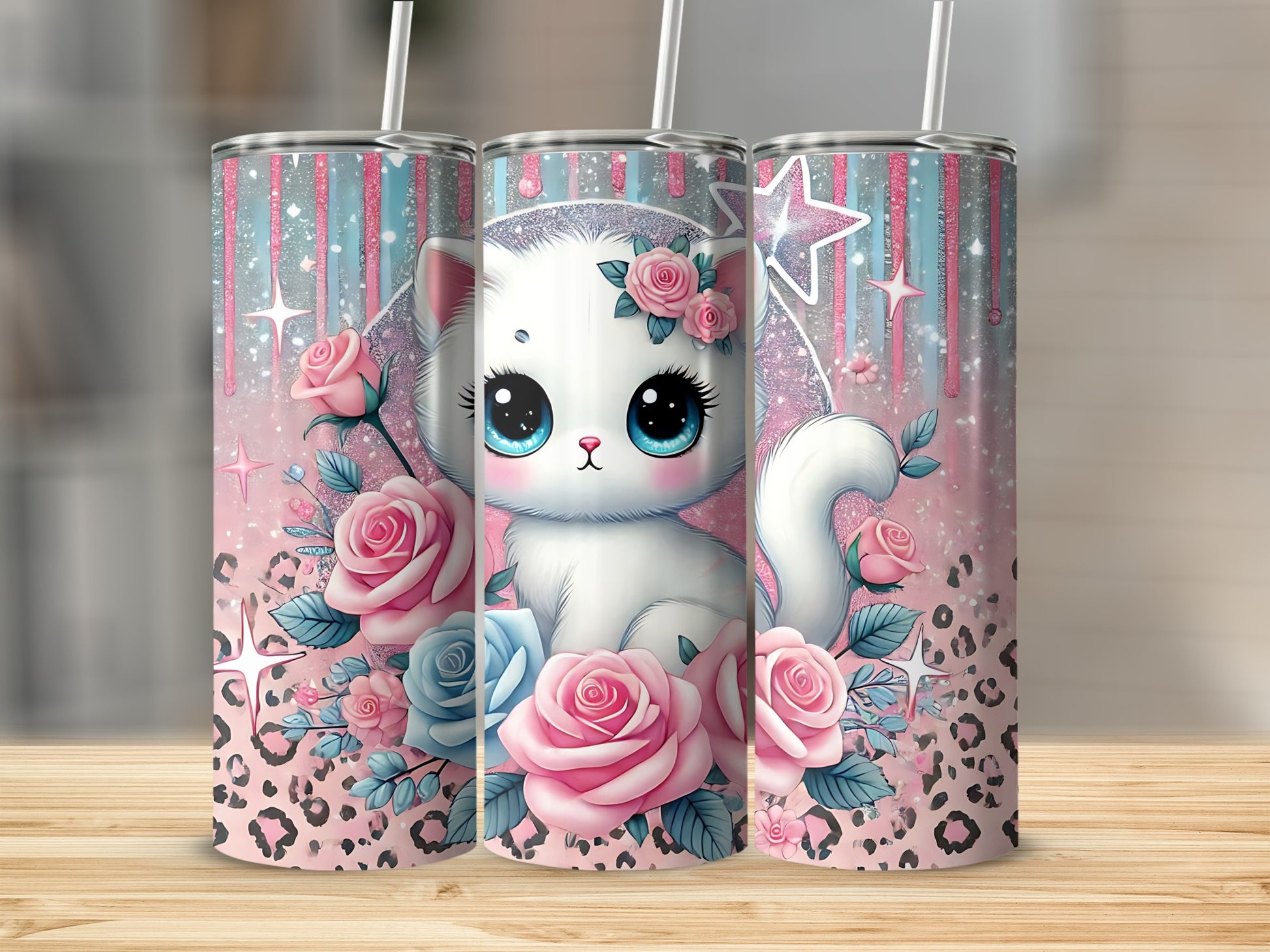 White cat with large blue eyes surrounded by pink and blue roses and leopard print.