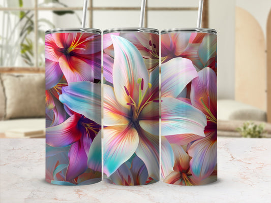Three tumblers with colorful lily floral design on marble surface.
