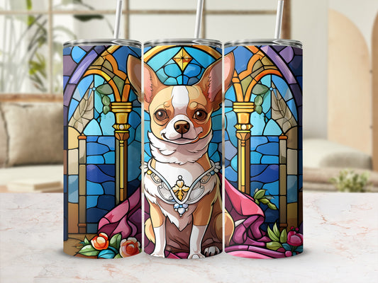 Chihuahua with stained glass background wearing a regal collar and cape.