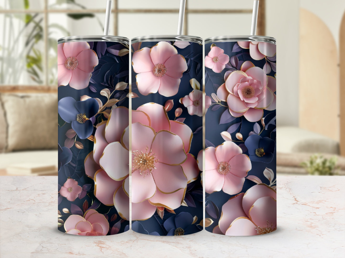 Three tumblers featuring a dark floral pattern with pink and blue flowers.