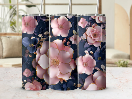 Three tumblers featuring a dark floral pattern with pink and blue flowers.