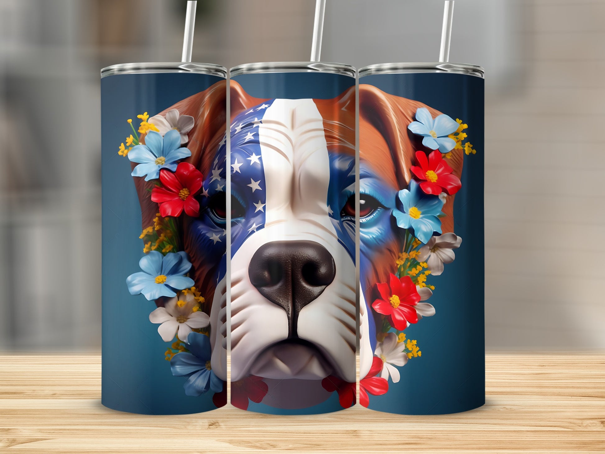 Dog's face painted with American flag, surrounded by flowers.