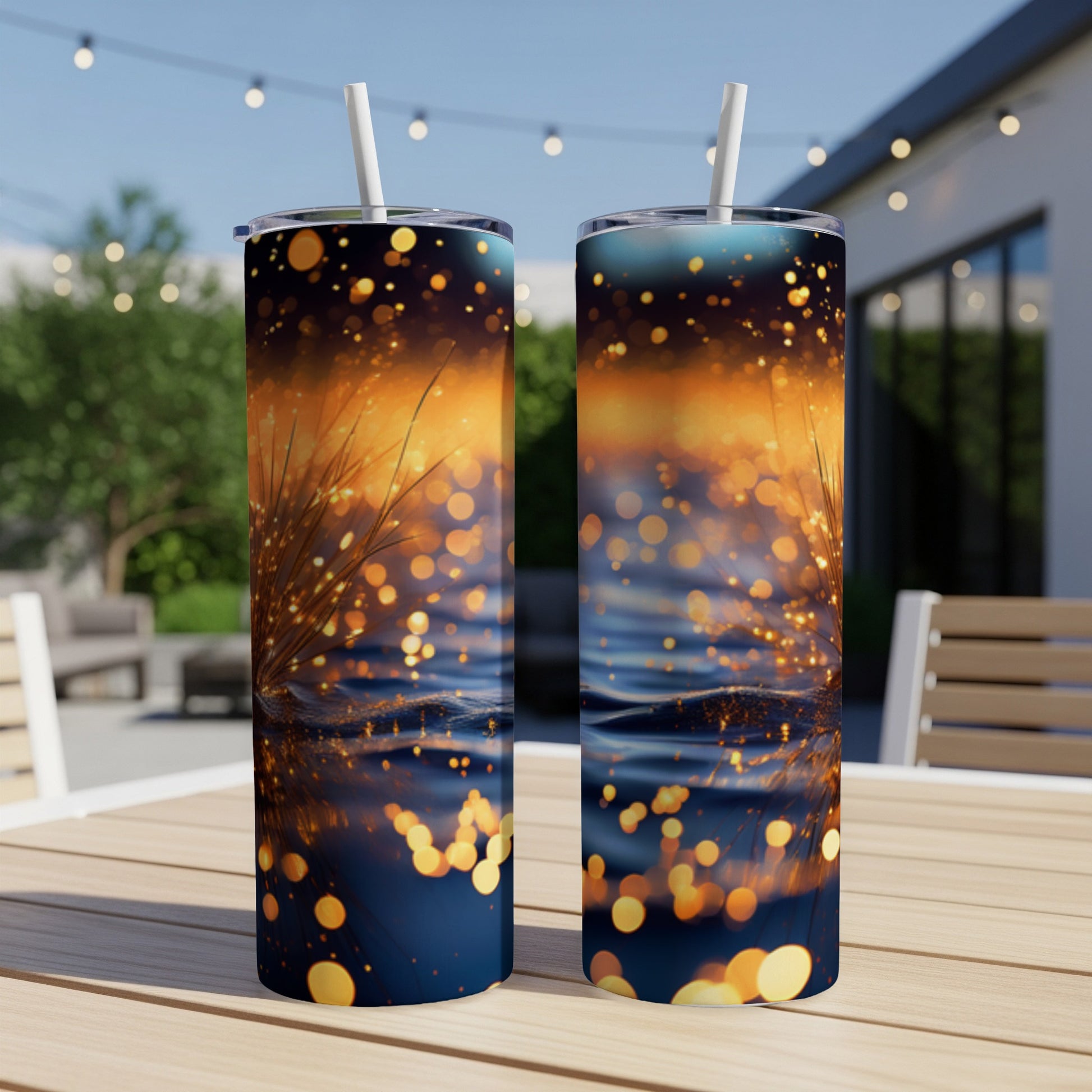 Two tumblers with a shimmering golden bokeh and water design.