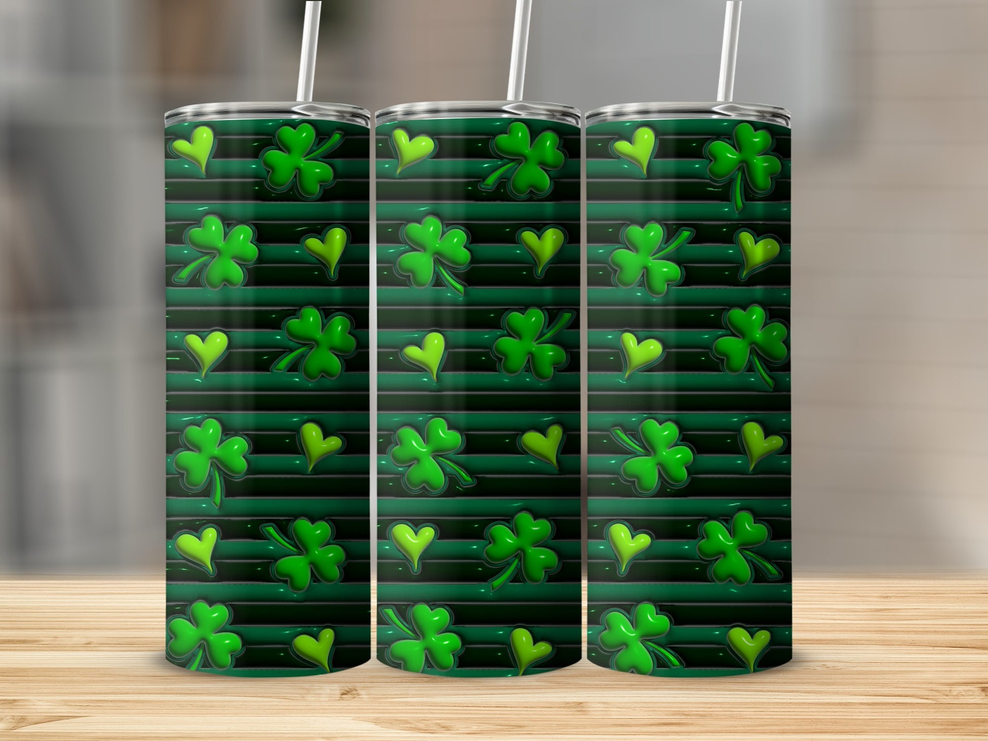 Green tumbler with shamrocks and hearts pattern.