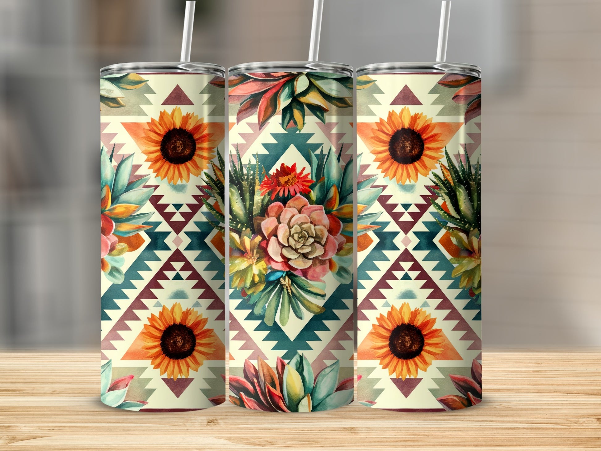 Three tumblers with sunflower and succulent floral pattern.