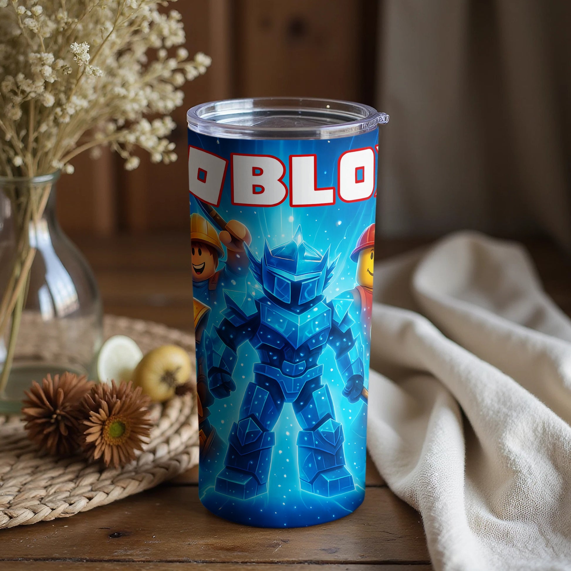 Vibrant graphic tumbler with robotic design