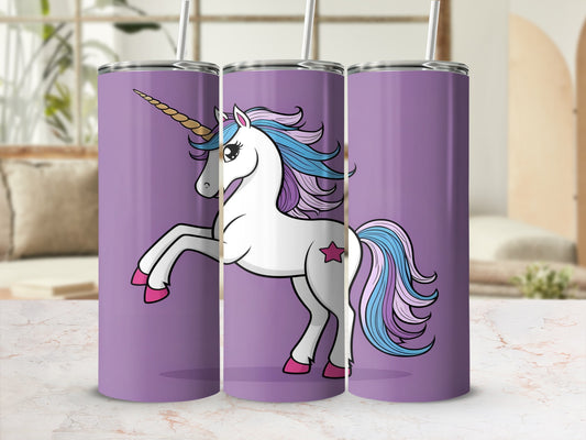 Purple tumbler with white unicorn design and pink star.