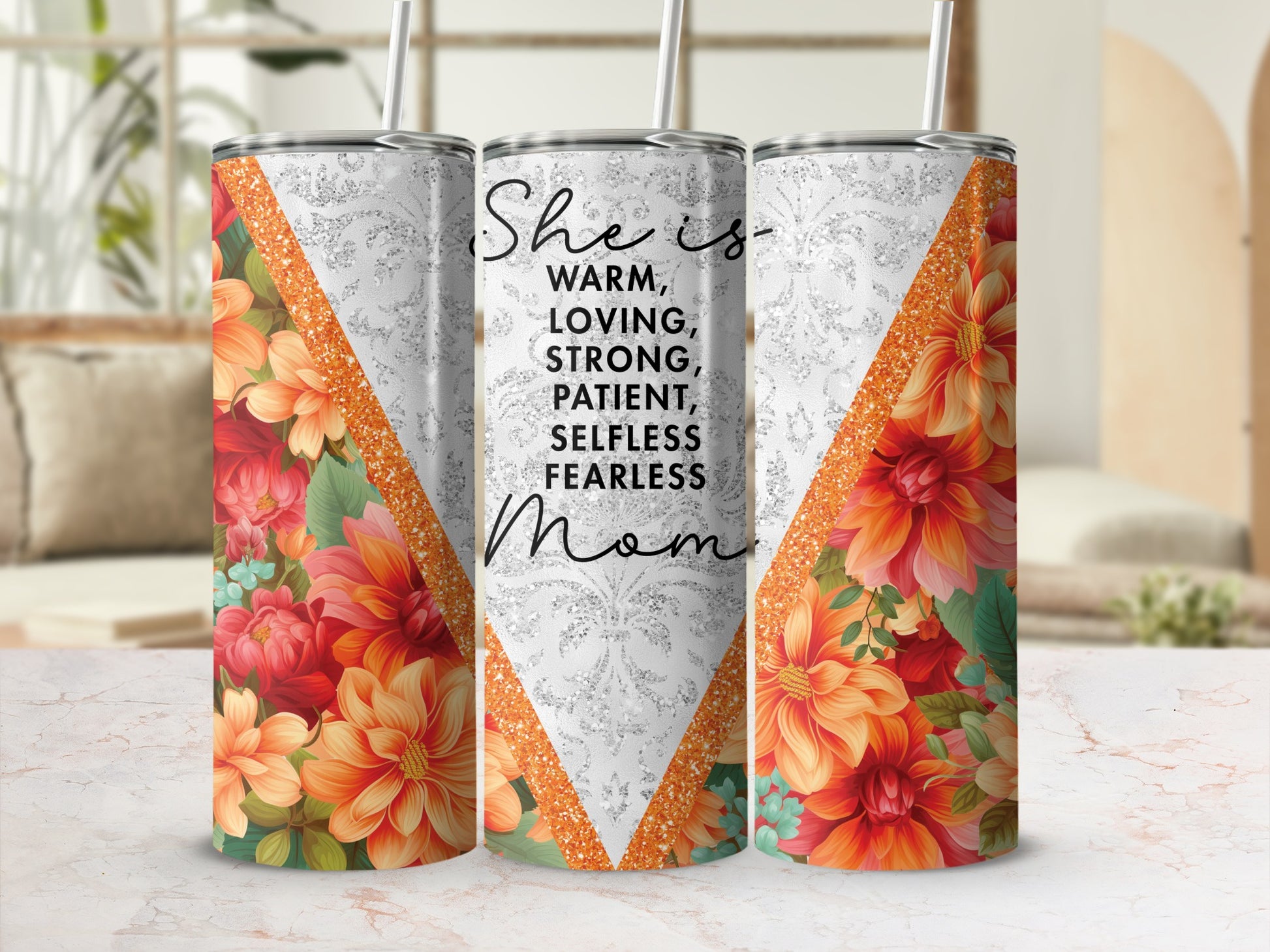 Floral tumbler with quote "She is warm, loving, strong, patient, selfless, Mom".