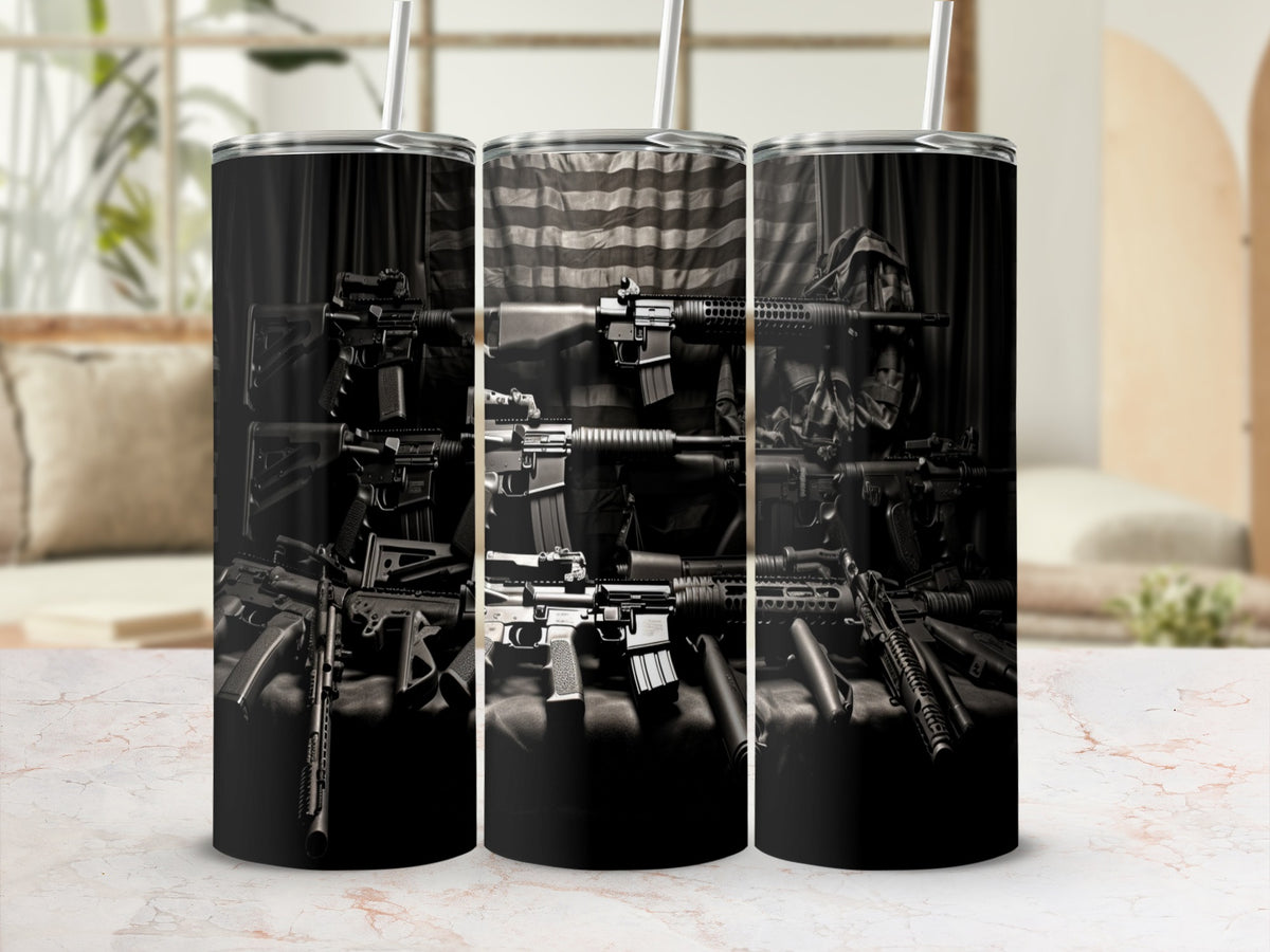 Triptych of tumblers featuring an American flag and various firearms.