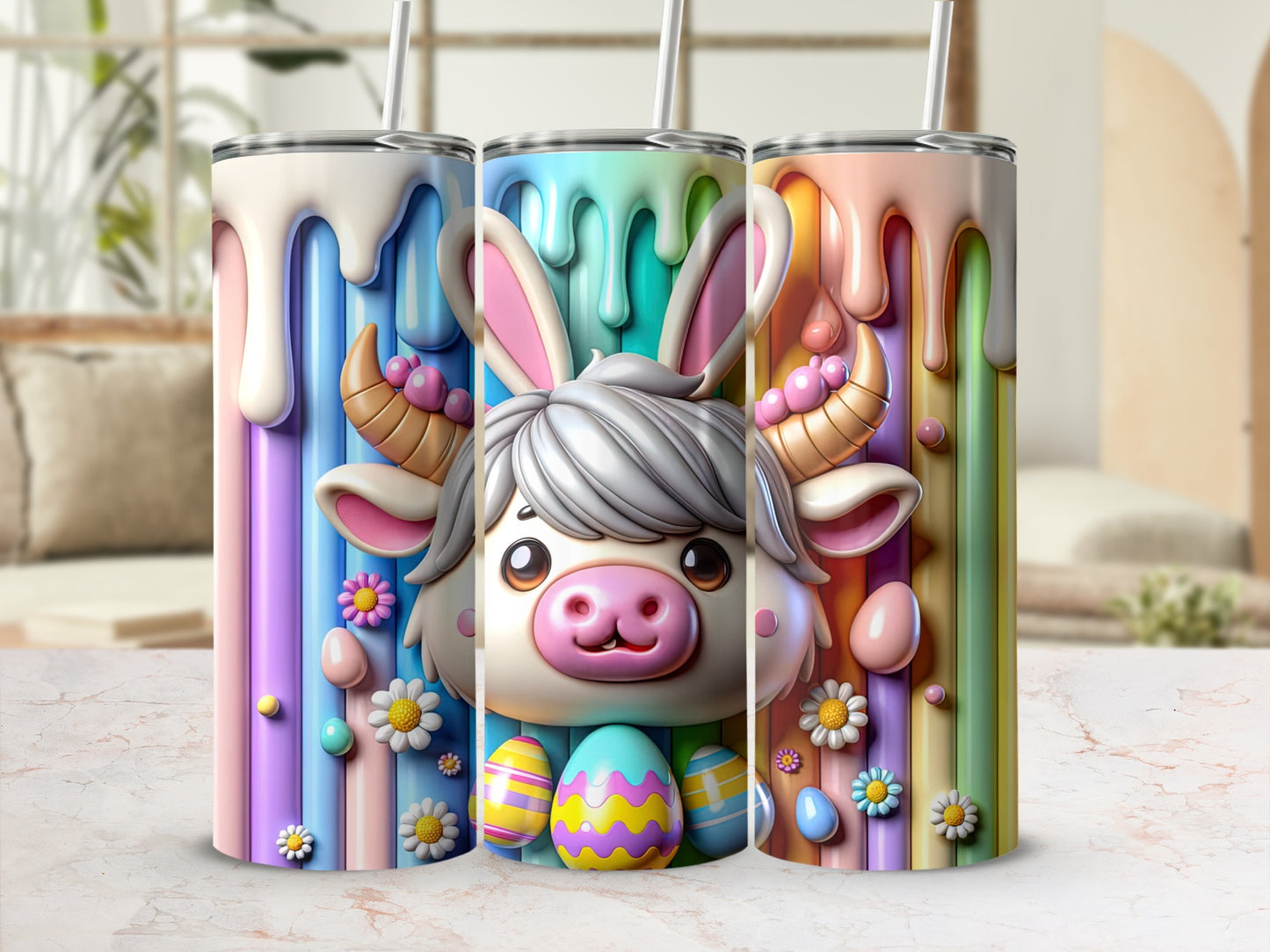 Cute cartoon cow with bunny ears and Easter eggs on tumblers.