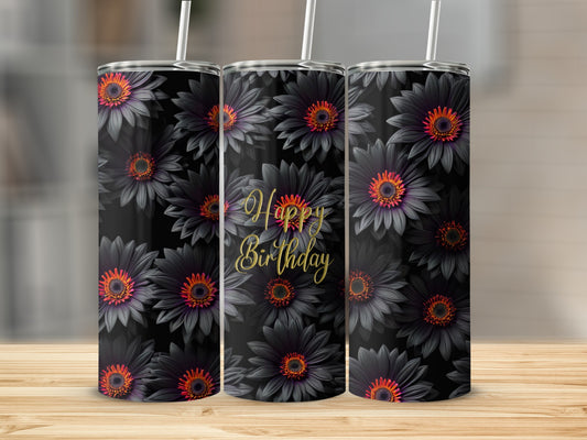 Black floral tumbler with "Happy Birthday" text.