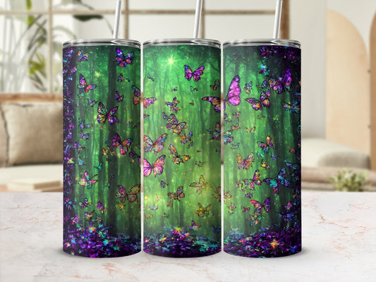 Three tumblers with a mystical forest and butterfly design.