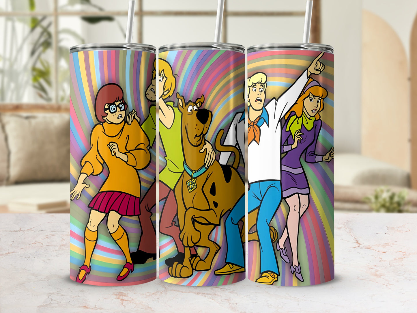 Scooby-Doo characters on a colorful, psychedelic background tumbler.