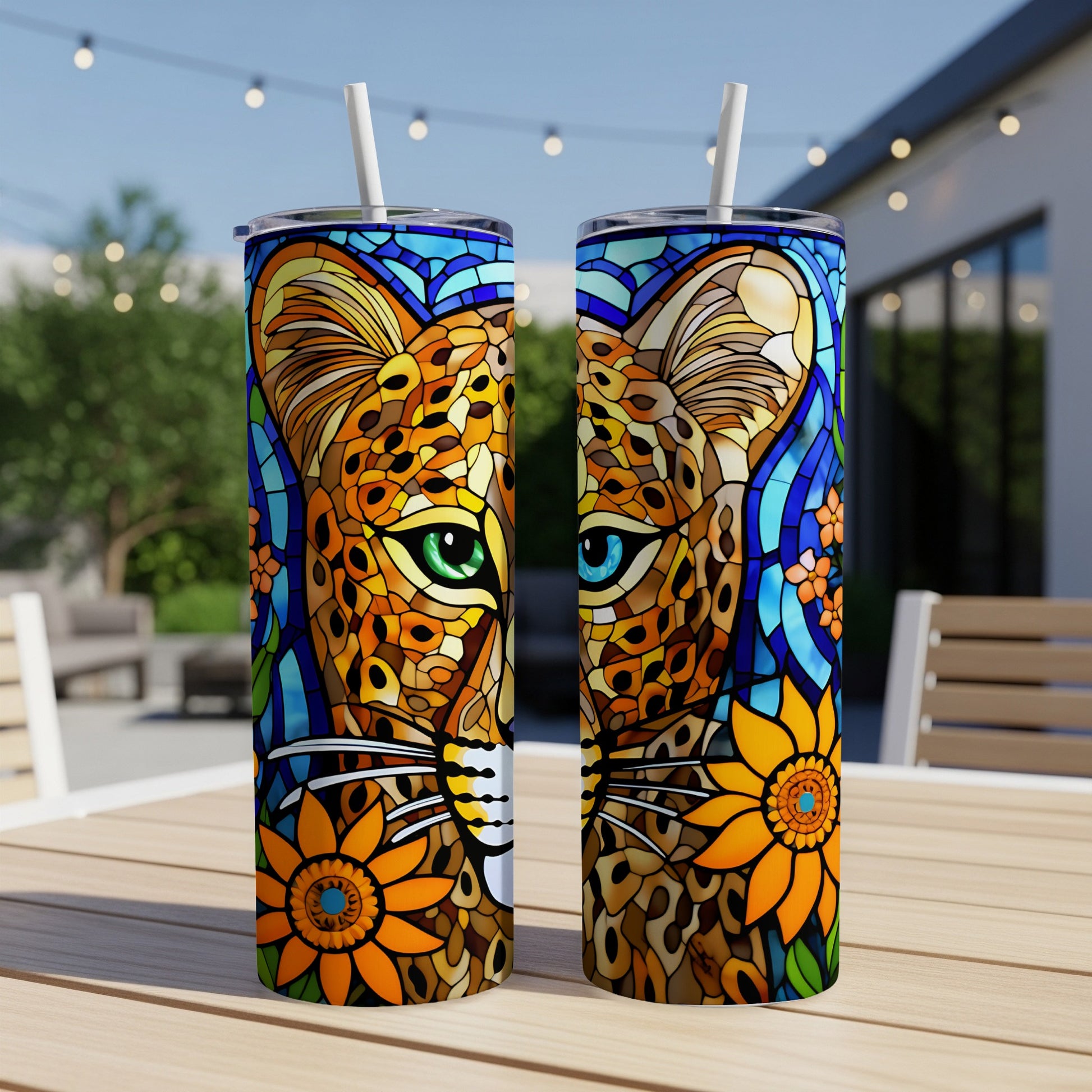 Two tumblers with colorful stained-glass leopard and sunflower designs.