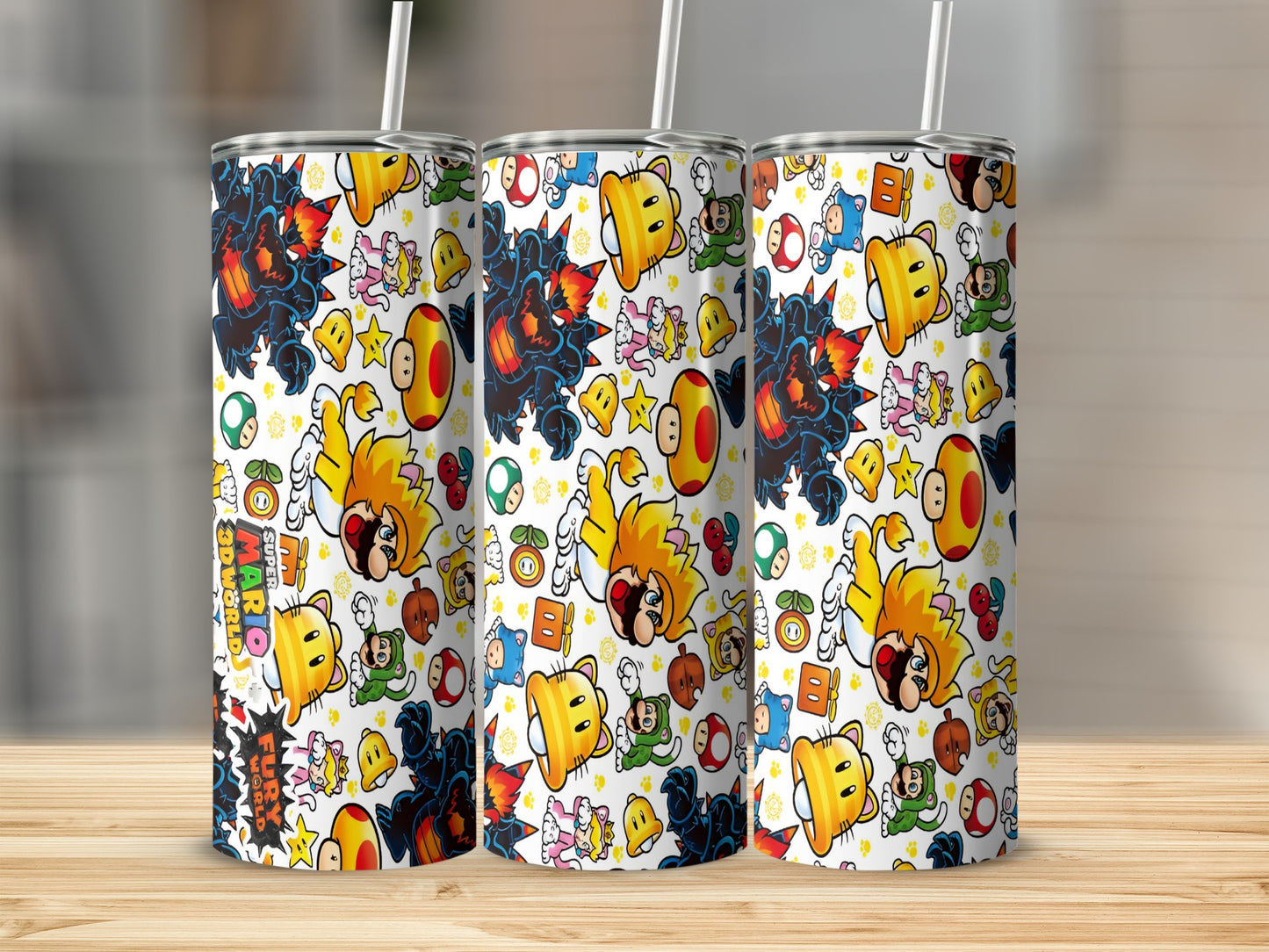 Super Mario themed tumbler with character patterns, Mario and Bowser.