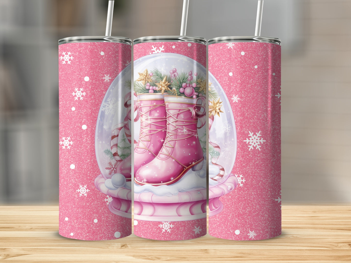 Pink Snow Globe with Ice Skates Winter Tumbler
