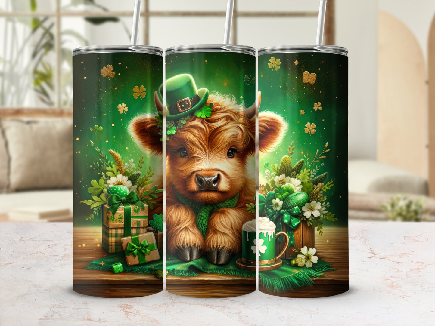 Highland cow with green hat and shamrocks on St. Patrick's Day tumbler.
