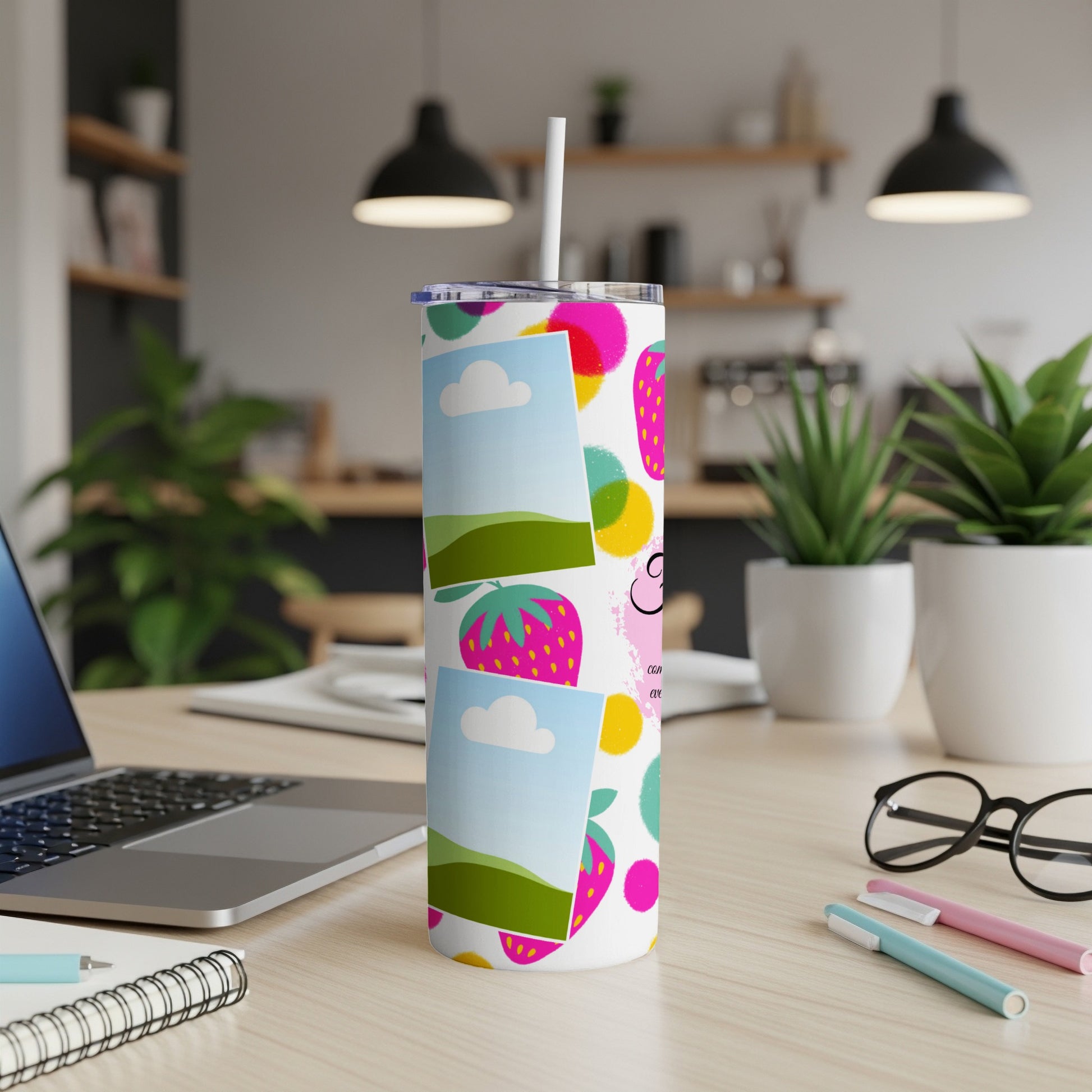 White tumbler with strawberry and cloud graphics, straw, and two blank photo placeholders.