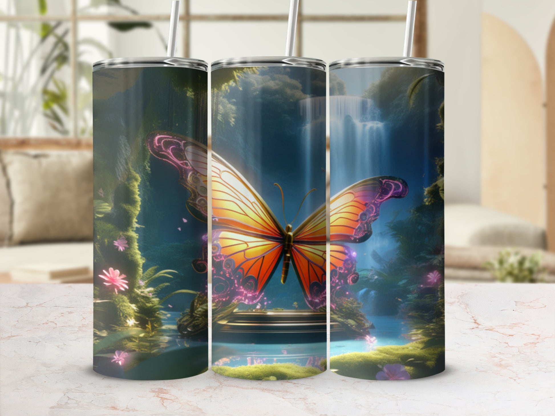 Butterfly art on a triple tumbler mockup with a waterfall background.