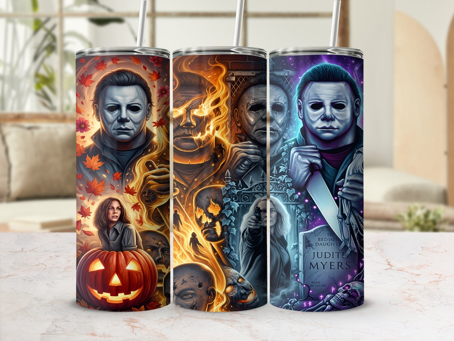 Three tumblers with Michael Myers, Laurie Strode, and horror imagery.