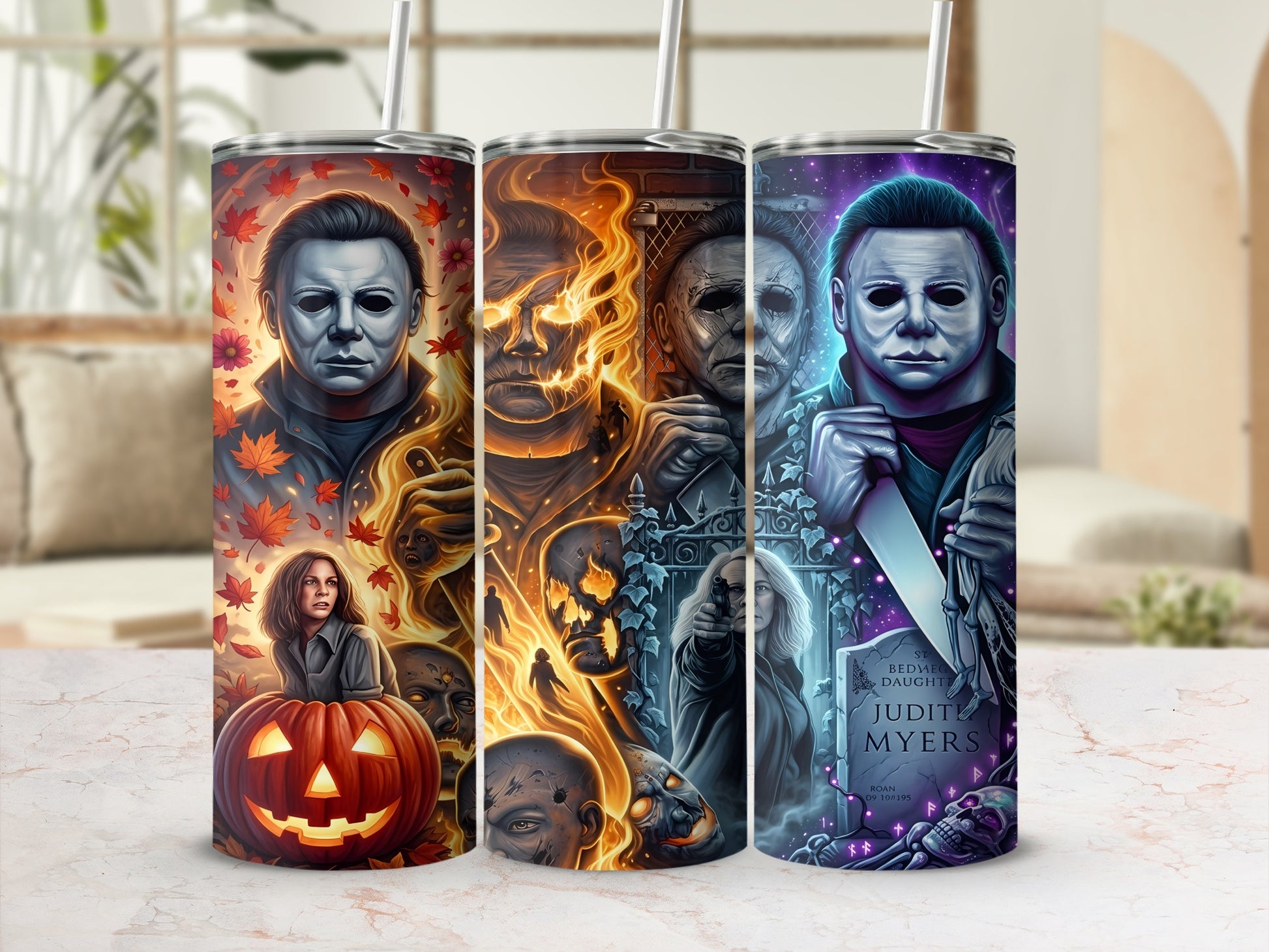 Three tumblers with Michael Myers, Laurie Strode, and horror imagery.