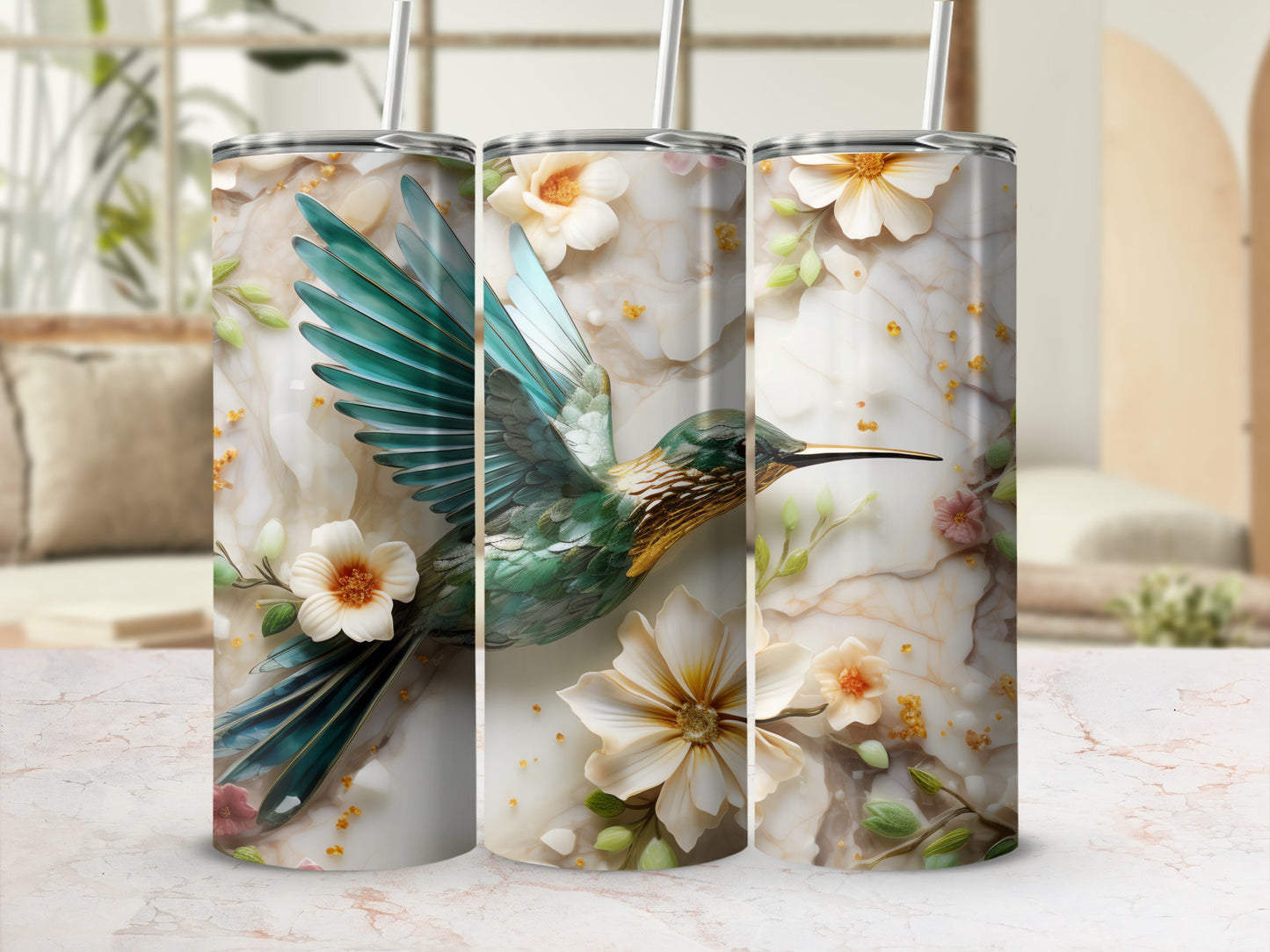Graceful Hummingbird Flower Marble Pattern Tumbler Design product type
hummingbird, floral tumbler, bird design, marble pattern, white flowers, green bird, elegant drinkware, nature inspired, artistic tumbler, flower bloom, tumbler cup, gift idea, spring theme, summer style, unique design, gold accents, teal hummingbird, digital art, beautiful bird, drink tumbler