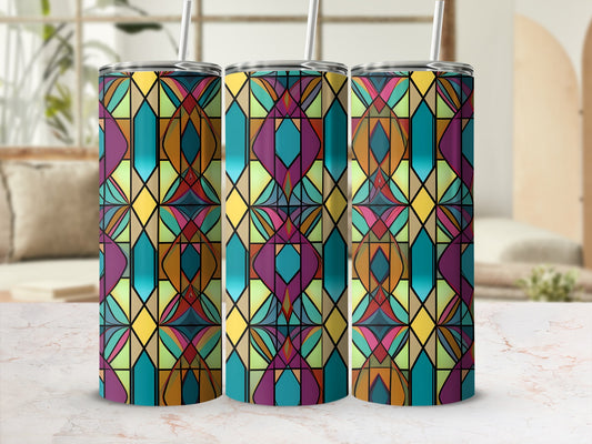 Three tall tumblers with a stained-glass geometric pattern.