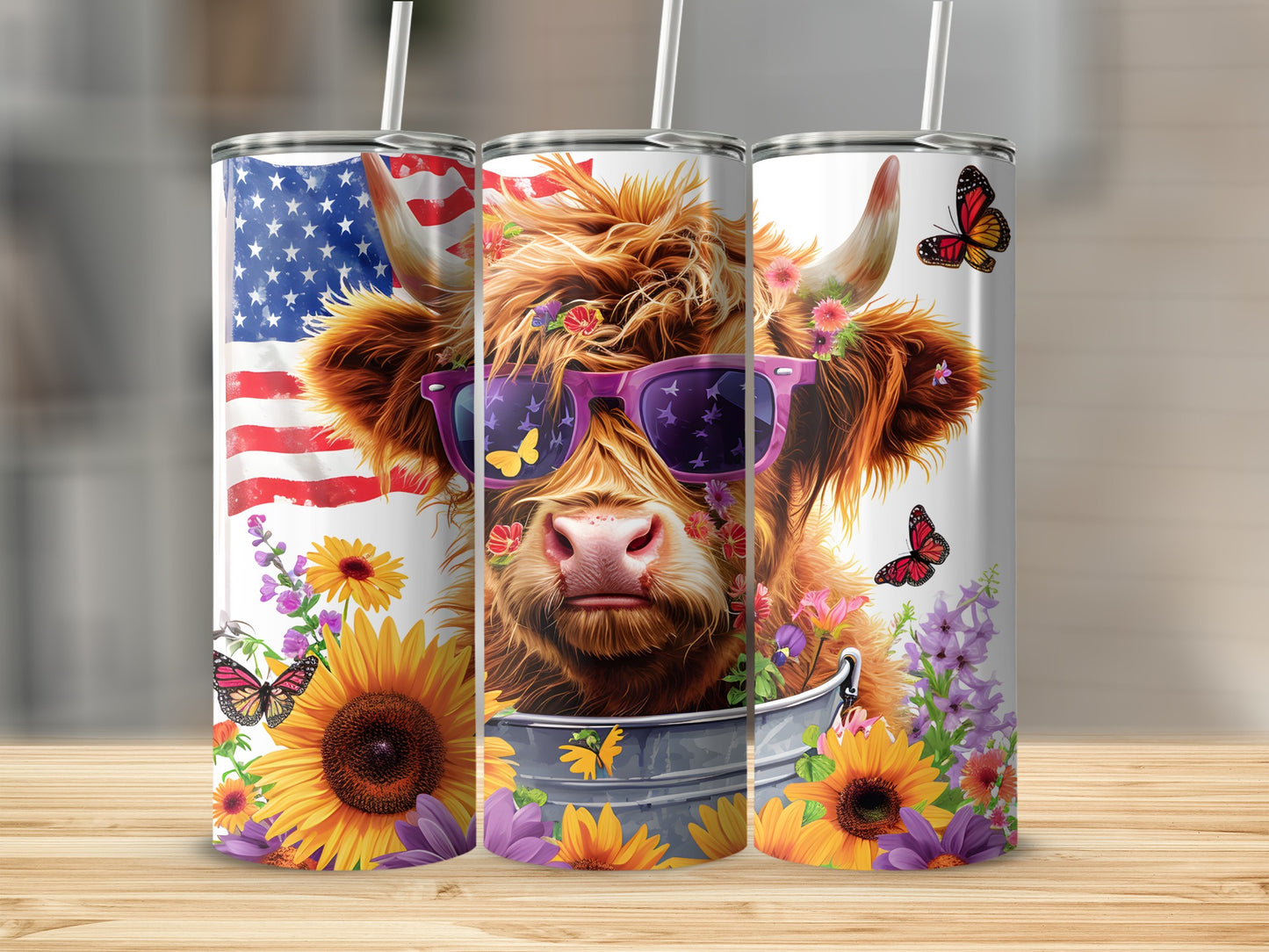 Highland cow wearing sunglasses with sunflowers and butterflies, US flag background.