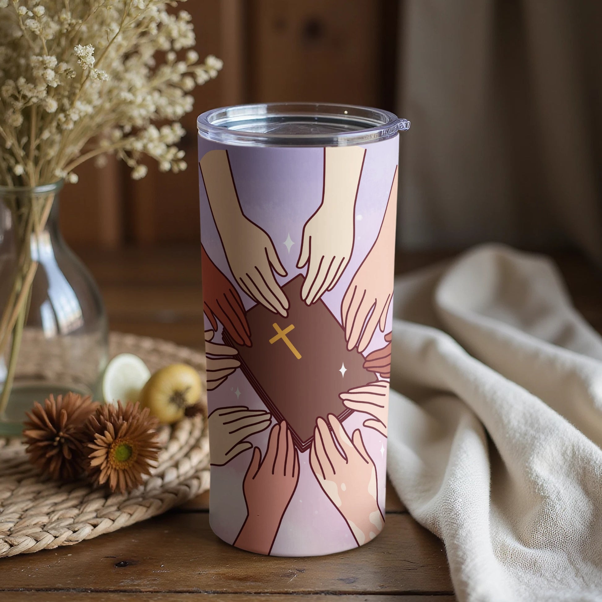 Uplifting Tumbler with Inspiring Hands and Bible Design