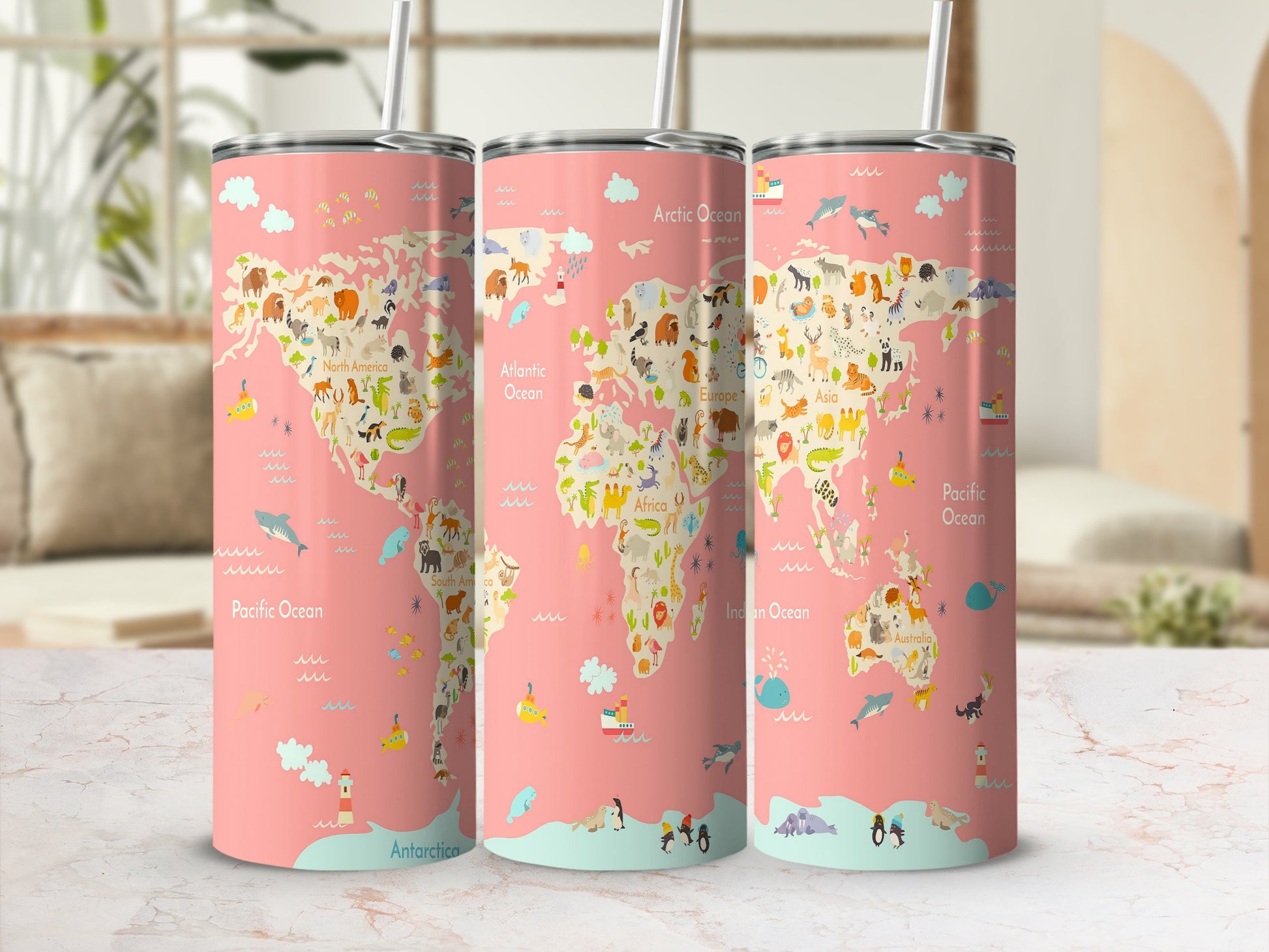 Three tumblers with a pink background featuring a colorful world map design with cartoon animals.