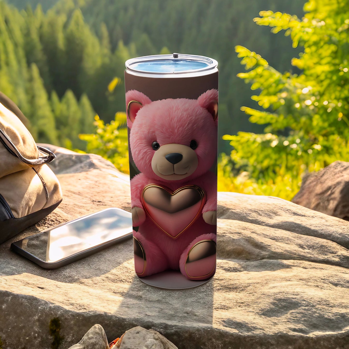 Adorable Pink Teddy Bear with Golden Heart Design Tumbler