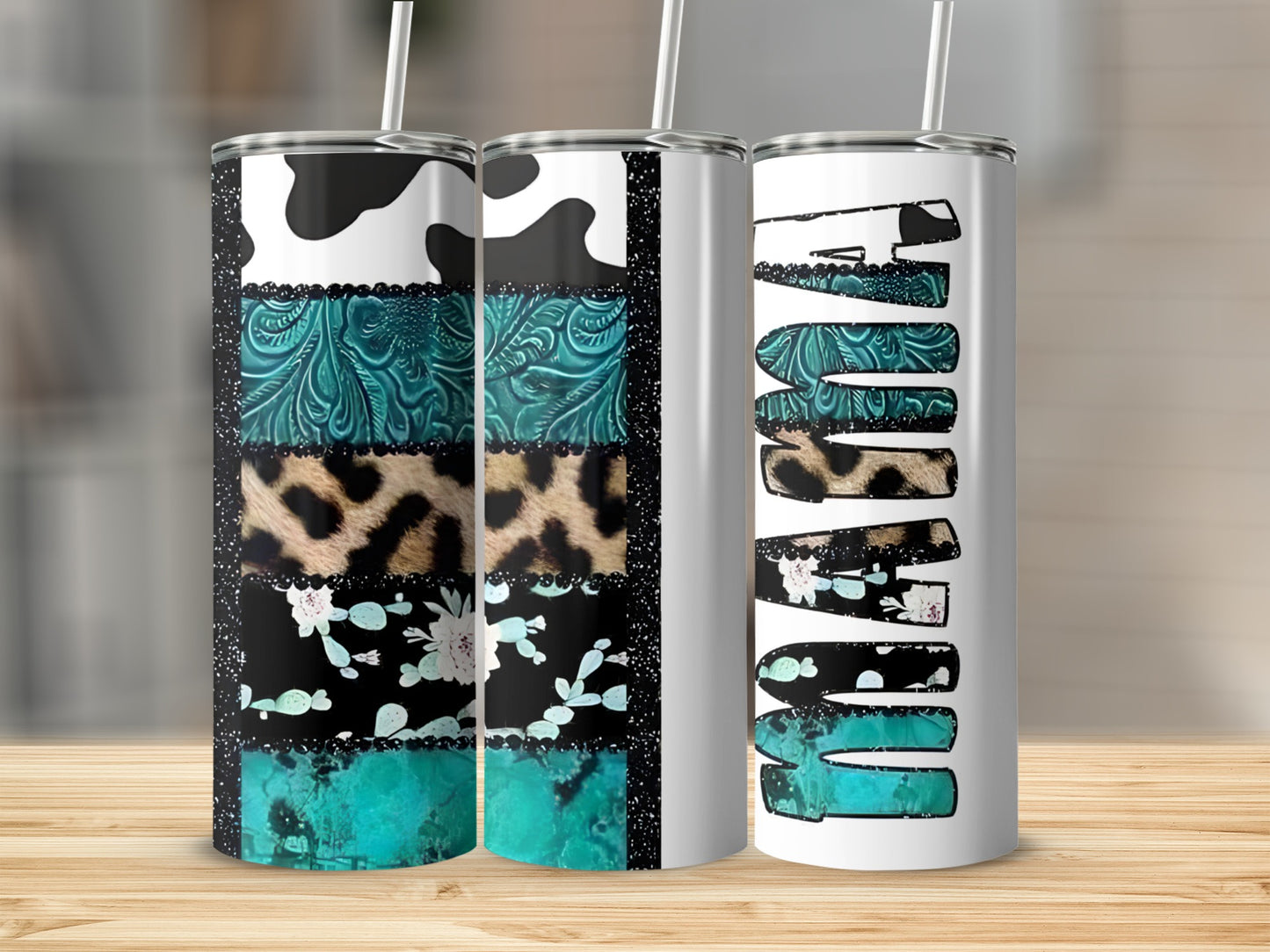 Three tall skinny tumblers with western-themed patterns: cow print, turquoise, leopard, and floral.