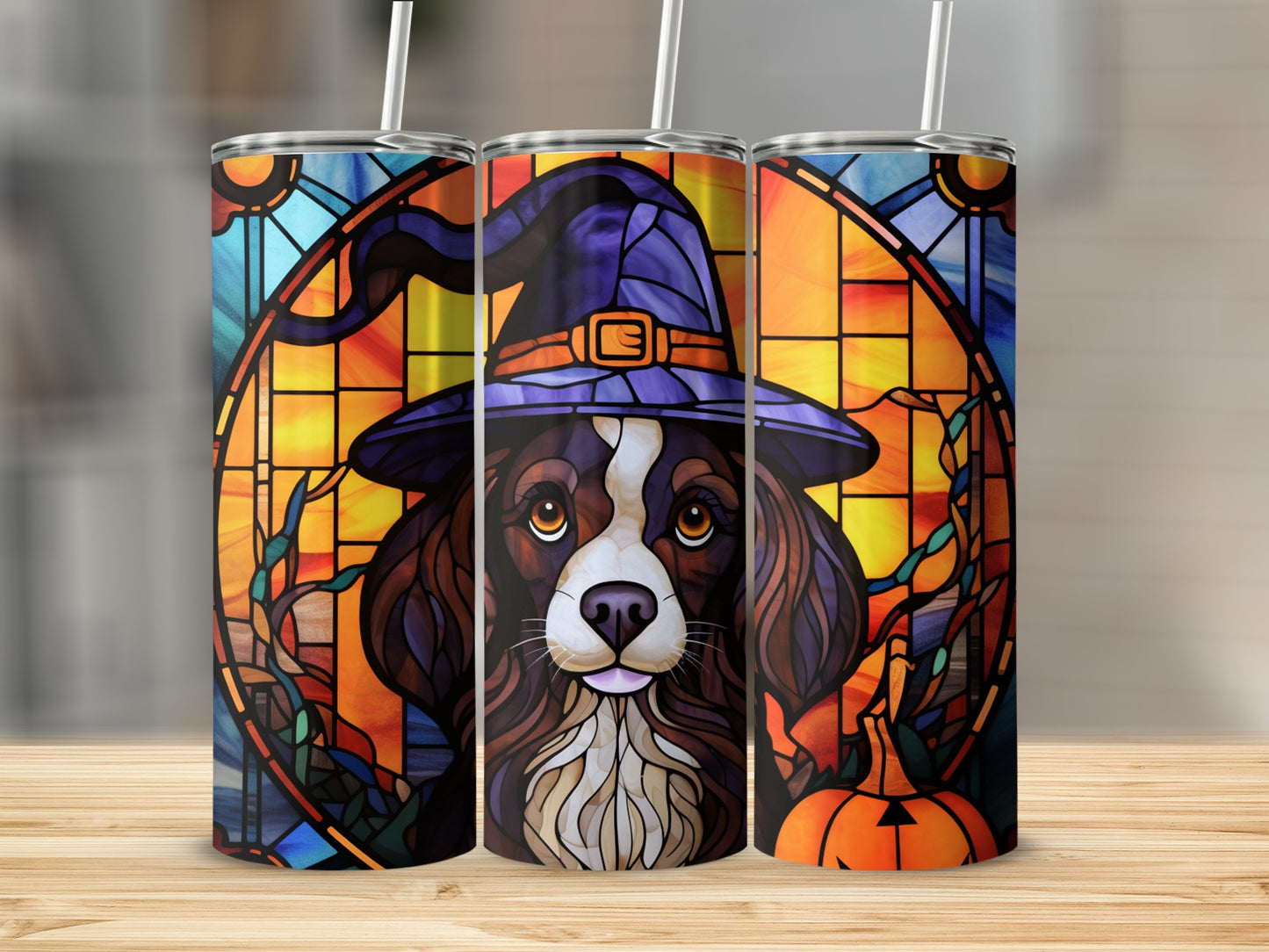 Bernese Mountain Dog wearing a witch hat in stained glass style, Halloween theme.