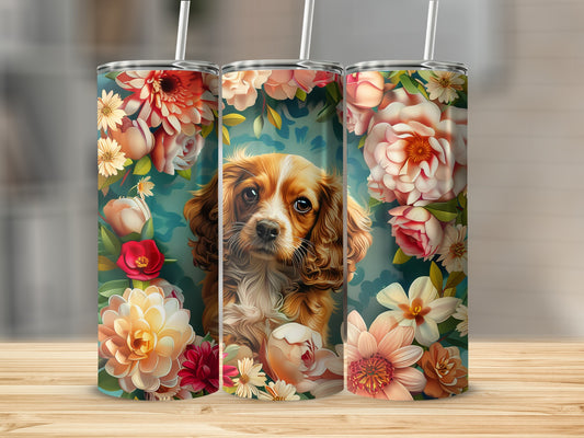 King Charles Spaniel with flowers on a floral tumbler.