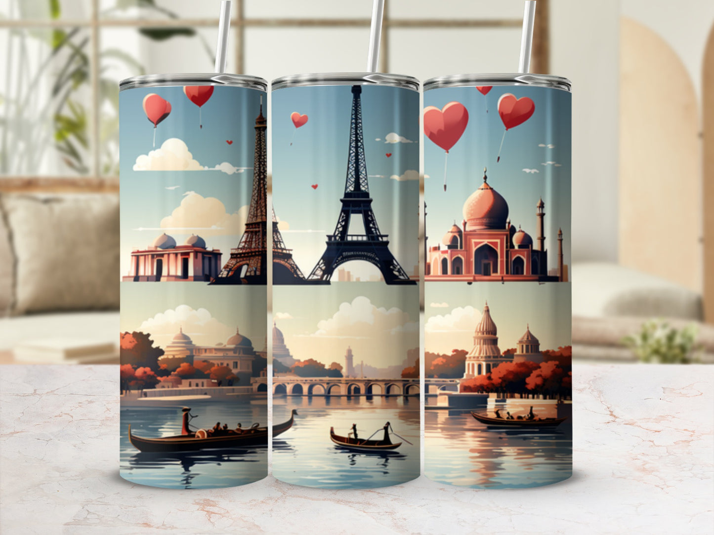 Collage of famous landmarks like Eiffel Tower and Taj Mahal, with gondolas on water.