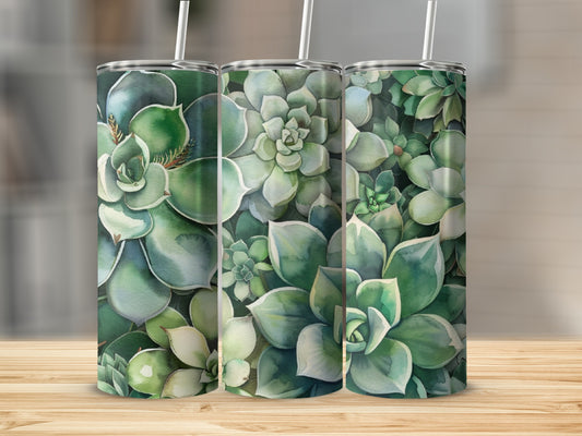 Three tumblers with a succulent plant pattern on a wooden surface.