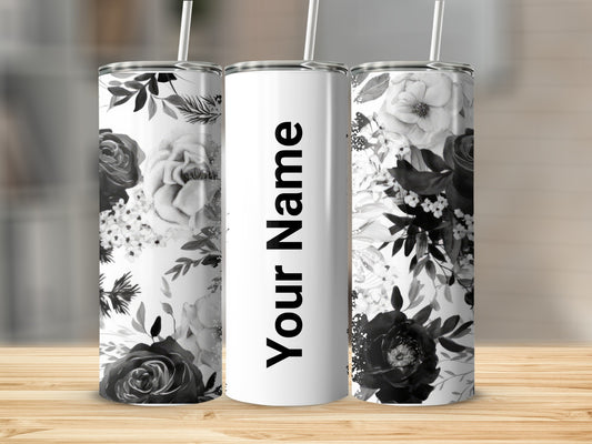 Black and White Floral Personalized Tumbler with Straw