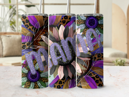 Mama sunflower tumbler with leopard print and purple accents.