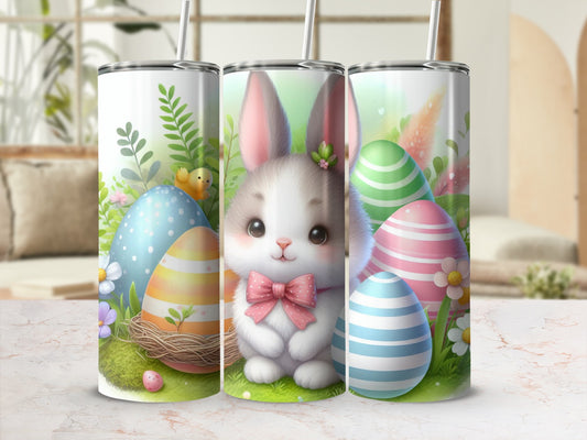 Easter bunny with pink bow and pastel decorated eggs.